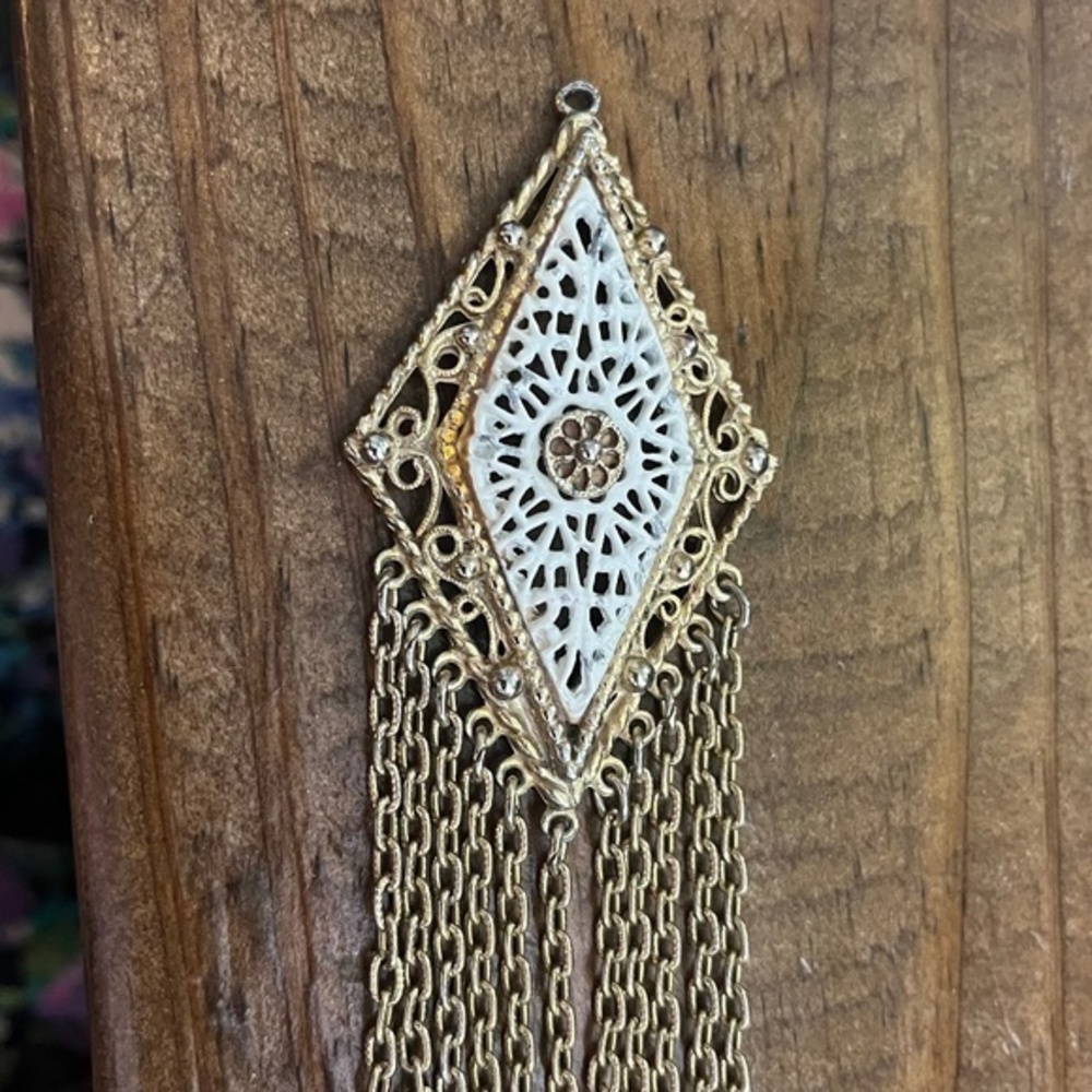 Vintage Gorgeous Art Deco Gold White Intricate Beaded Necklace Pendant